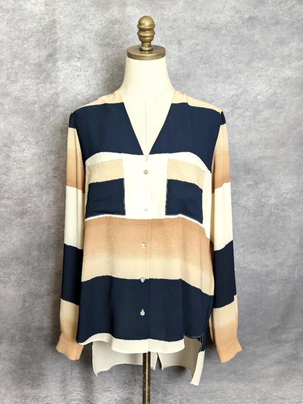 Joseph Ribkoff Colorblock Striped Blouse Size 12 Black Abstract Quiet Luxury
